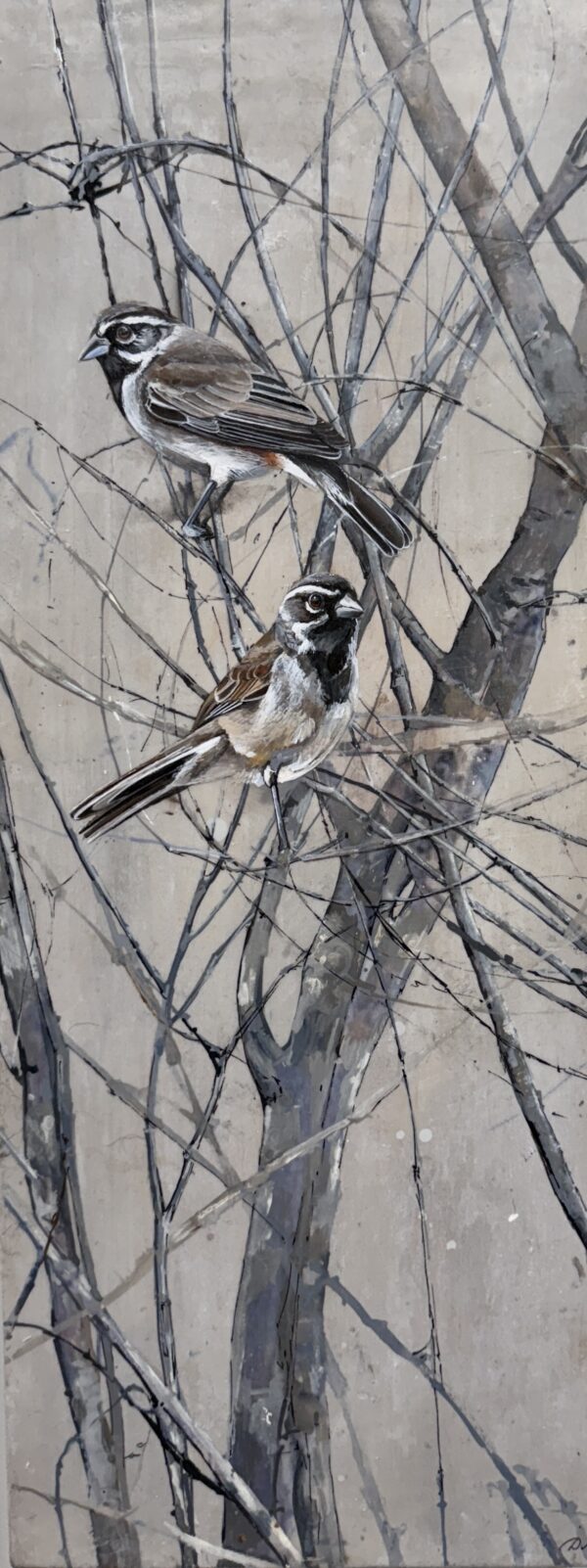 sparrows on gray wood ii