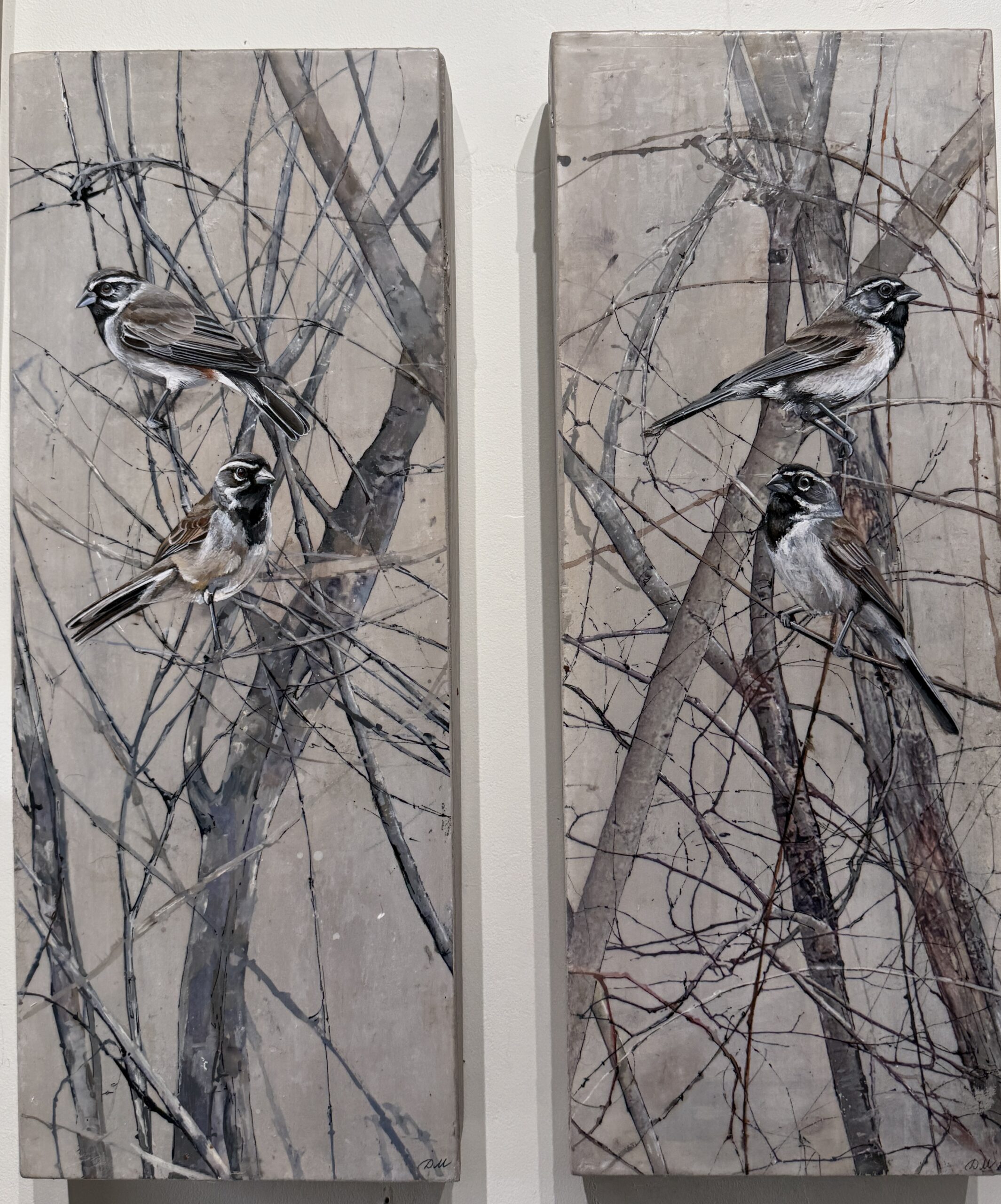 sparrows on gray wood i