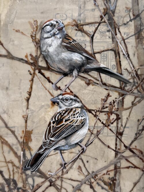 SPARROWS ON OAK BRANCHES